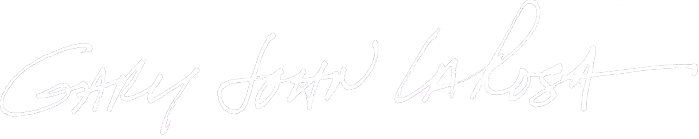 Handwritten cursive version of Gary John La Rosa in white on a medium blue background.